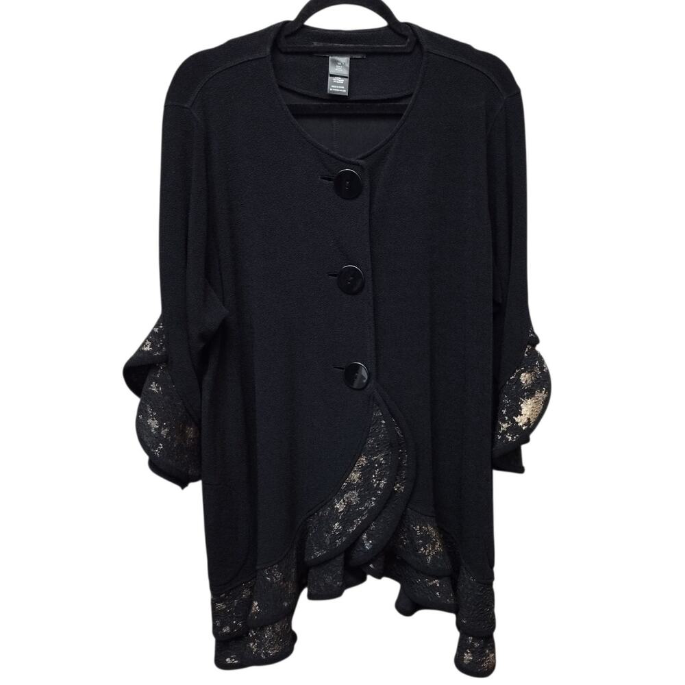 Ali Miles Womens Ruffle Sleeve Button Up Jacket 1X Metallic Artsy Office Career